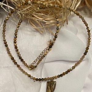 Jaspe Paisagem e Quartzo Dourado Colar