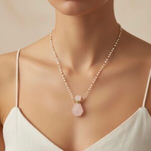 Quartzo Rosa Pendente com corrente em Pérolas